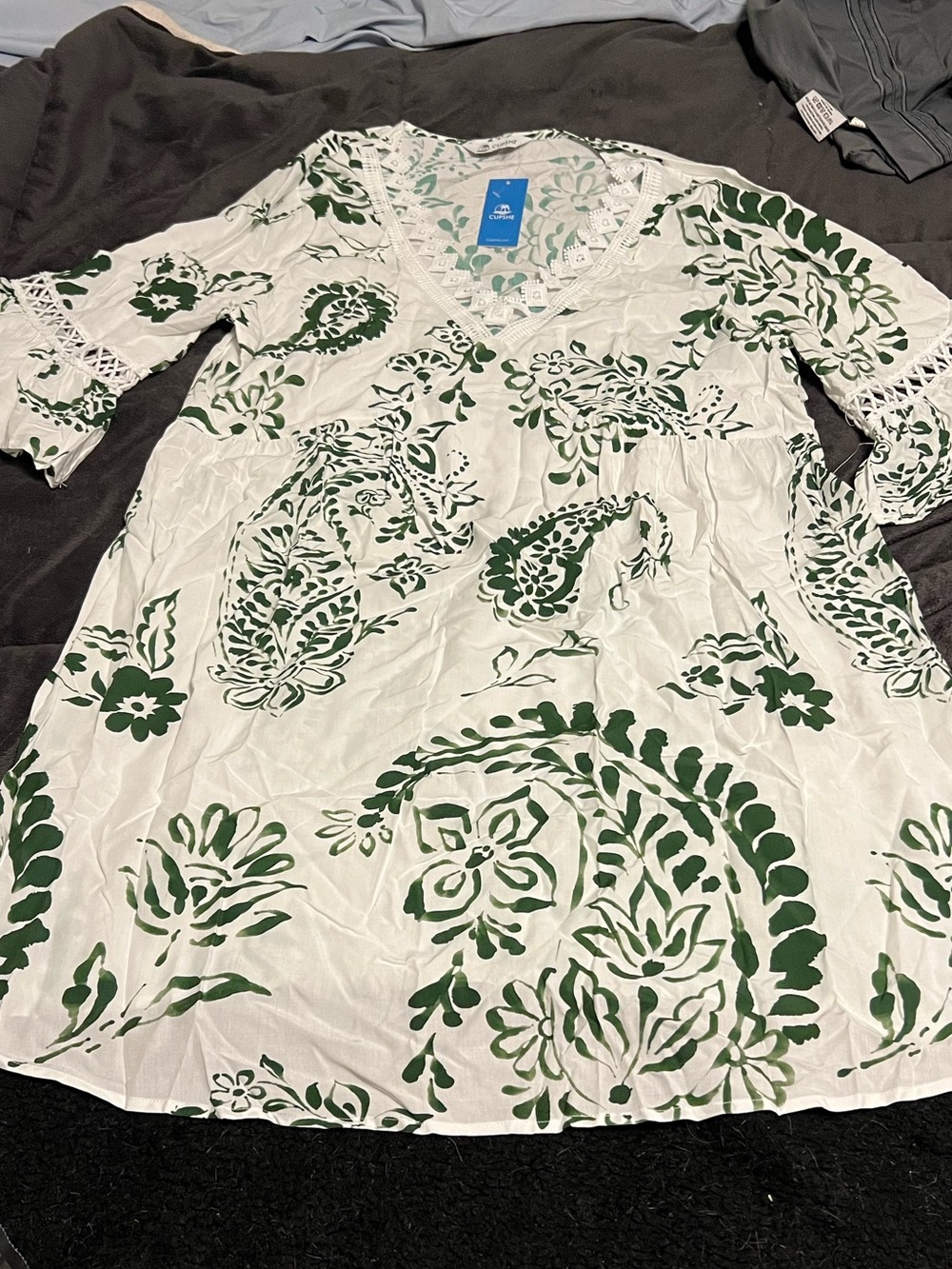 Cupshe White Tunic Dress with Green Paisley Floral Print Sz L